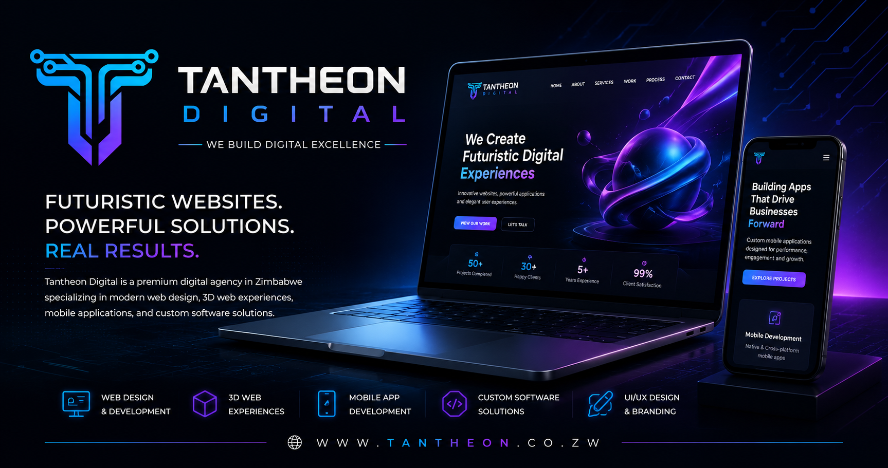 Tantheon Digital hero banner showcasing futuristic web design, mobile applications, software systems, and digital experiences.